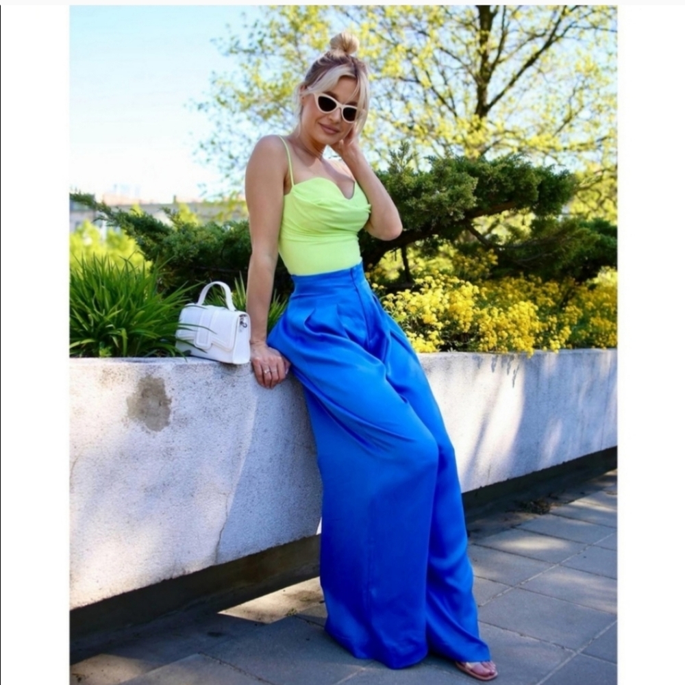 Zara Satin Effect Wide Pants Trousers Blue - Picture 3 of 13